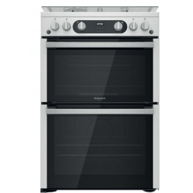 Hotpoint 60cm Freestanding Gas Cooker with Double Oven Stainless Steel Lidded Catalytic Linings