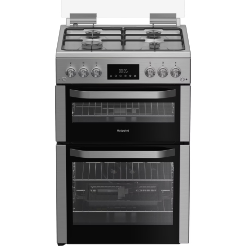 Hotpoint HDG6GDCWX 60cm Gas Double Oven Cooker with Glass Lid - Stainless Steel