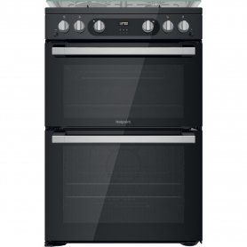 Hotpoint 60cm Freestanding Gas Cooker with Double Oven Black Lidded Catalytic Linings